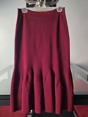 bebe Burgundy Knit Sweater Flare Ruffle Midi Skirt Medium NWT